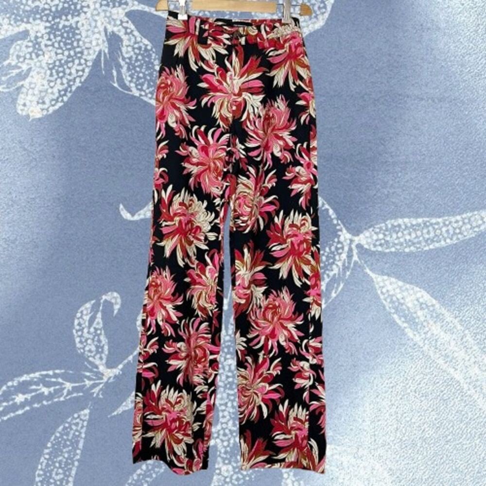 Who What Wear Black Pink High Rise Floral Print Straight Leg Trousers XS 2